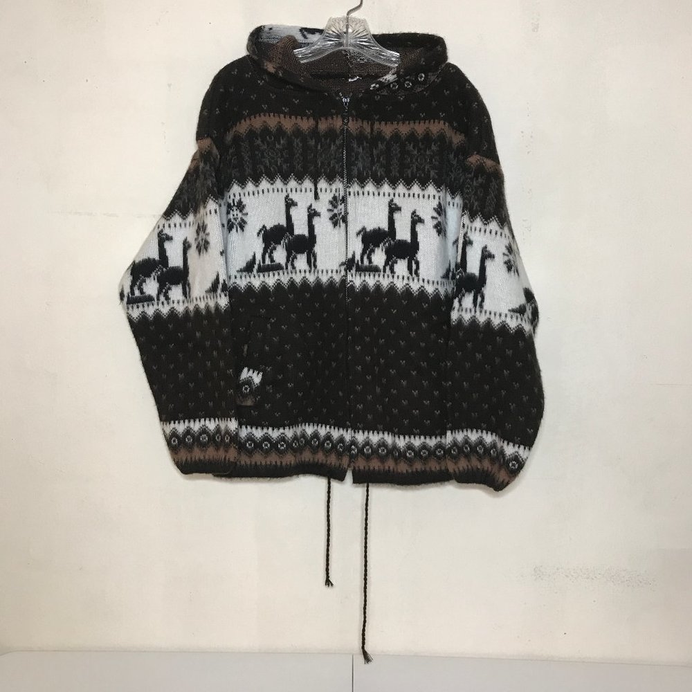 Made in Ecuadore Alpaca Design Acrylic Zip Front Hooded Jacket 2 Pockets Sz M